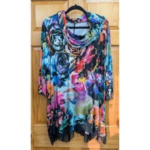 Cupio Woman Size 2X Cowl Neck Sheer Lace on Hem Tunic Top Stretchy Comfy